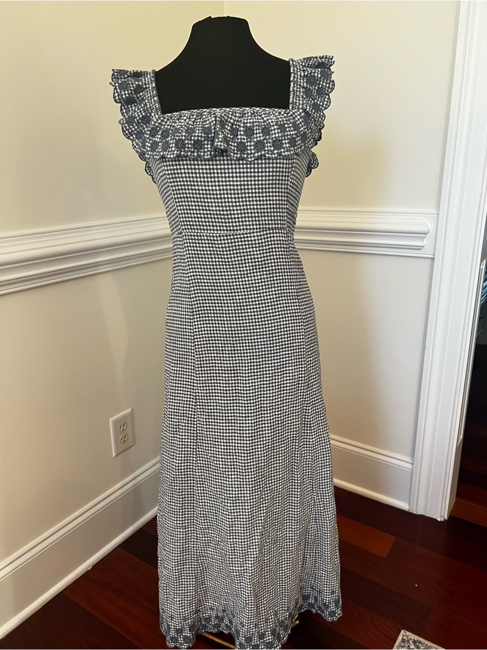 Rylee + Cru Black and White Gingham Midi Dress with Ruffle Neckline